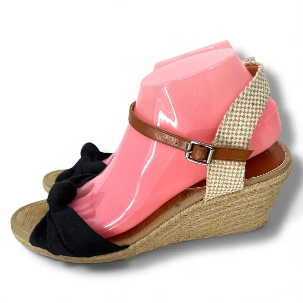 LUCKY BRAND Black Canvas & Jute Open Toe Wedges 9 Coastal Boho Neutral Twee